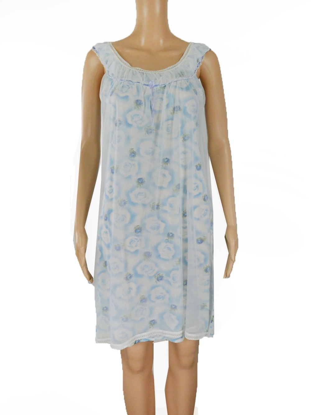 Vintage 60s Blue Floral Chiffon Nightgown Sheer Overlay Coquette Babydoll Dress